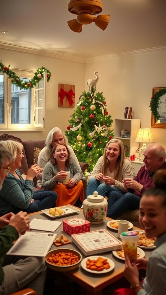 Family enjoying Christmas games in a decorated living room.